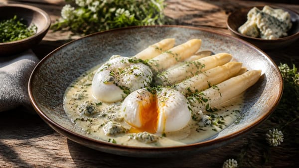 Découvrez comment sublimer les asperges de printemps avec des œufs fondants et une sauce au gorgonzola onctueuse.